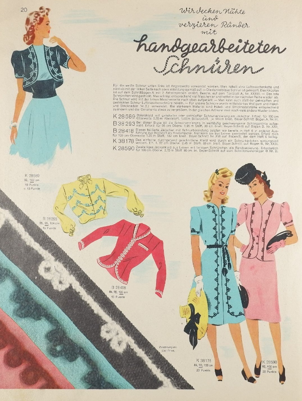 Anzeige für ein Modejournal der 1950er Jahre mit einer Frau in einem Kleid und Hut, umgeben von Bildern von Frauen und Text auf der Seite.