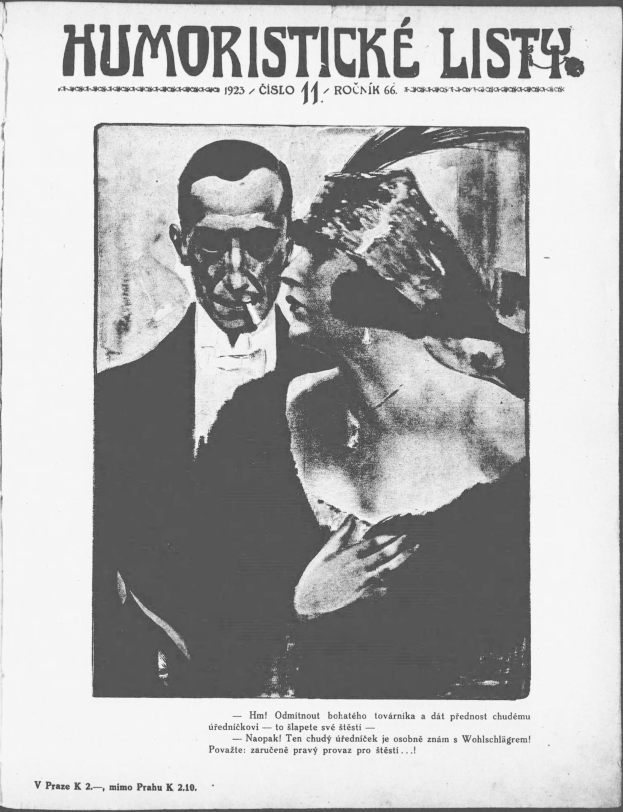 Schwarze und weiße Zeitschriftumschlag mit der überschrift 'Humoristische Liste', auf dem ein Mann im Anzug mit ernster Miene und eine Frau mit leichtem Schmunzeln zu sehen ist.