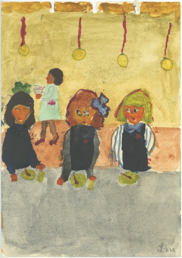 Gemälde von drei Kindern in festlicher Kleidung, die auf einer Bank vor einer Wand mit Weihnachtsdekoration und bunten Orchideen sitzen und löcheln.