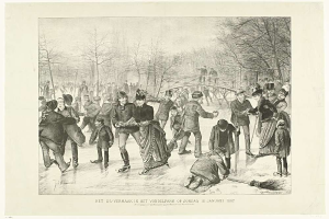 Menschen auf einer Eisbahn in einem Park mit Bäumen und einer Brücke im Hintergrund, Text unten lautet "Het us-vermaak in het vondelpark op zondag 10 januari 1887".