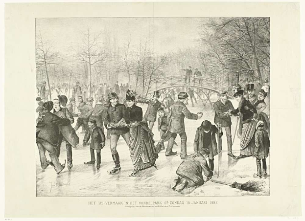 Menschen auf einer Eisbahn in einem Park mit Bäumen und einer Brücke im Hintergrund, Text unten lautet "Het us-vermaak in het vondelpark op zondag 10 januari 1887".