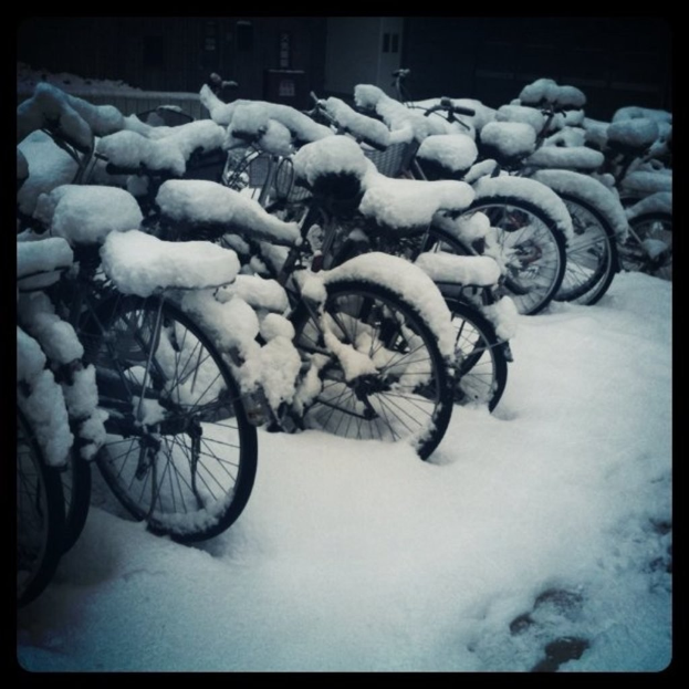Fahrräder mit Schnee auf einem schneebedeckten Boden.