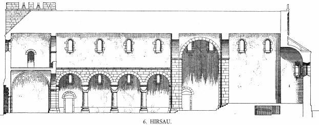 Schwarz-weiß-Zeichnung der Kirche des Heiligen Grabes in Hirschau, Deutschland, mit Bögen und Fenstern und Text unten.