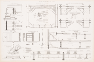 Ein detailliertes Bild einer Eisenbahnbrücke in einem Buch, das ihre Bögen, Träger und andere konstruktive Merkmale zeigt, mit begleitendem Text, der ihren Aufbau beschreibt.