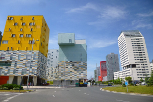 Eine Stadtstraße mit hohen Gebäuden im Hintergrund, Straßenlaternen, Autos, Informationsschildern, Büschen, Bäumen und einer bewölkten Himmel, die die einzigartig gestalteten Gebäude der Universität Rotterdam zeigt.