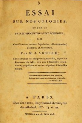 Altes Buch mit dem Titel "Essai sur nos Colonies, et sur l'Établissement de Saint-Domingue" auf dem Cover, wahrscheinlich eine Sammlung von Essays zur französischen Kolonialgeschichte und Saint-Domingue.