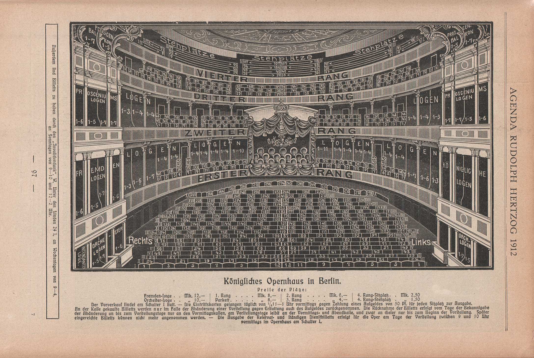 Eine Schwarz-Weiß-Zeichnung eines großen, leeren Auditoriums in Berlin, Deutschland, mit Sitzreihen und sichtbarem Text auf der Seite eines alten Buches.