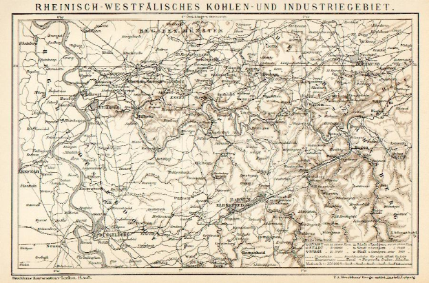 Alte detaillierte Karte des Rheinisch-Westfälischen Industrie- und Bergbauregions, die Flüsse, Berge und Städte mit Text an der Ober- und Unterseite des Papiers zeigt.