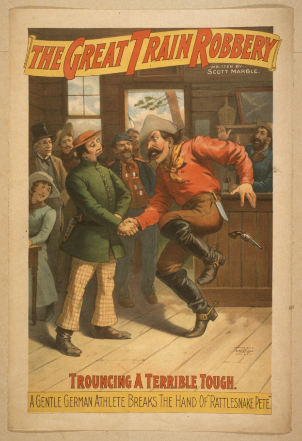 Plakat zeigt eine Gruppe von Menschen auf einem Boden mit einem, der eine Waffe hält, ein Fenster und eine Wand im Hintergrund und Text, der "Der große Zugraub - Trouching ein Schreckliches Tough" an der Ober- und Unterseite lautet.