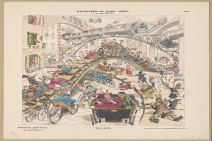 Ein altes Buch mit einem gerahmten Zeichnung einer aufgeregten Menge an einem Bahnhof im Jahr 1900, einige schauen auf den Zug, andere auf den Boden, mit der Aufschrift "Straßenbild im Jahre 1900".