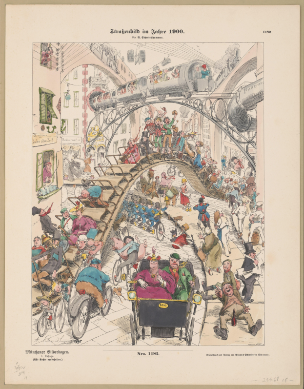 Ein altes Buch mit einem gerahmten Zeichnung einer aufgeregten Menge an einem Bahnhof im Jahr 1900, einige schauen auf den Zug, andere auf den Boden, mit der Aufschrift "Straßenbild im Jahre 1900".