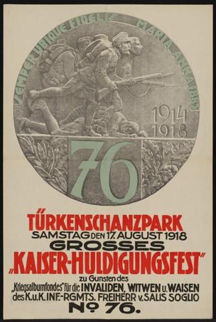 Plakat zum 70. Jubiläum des Kaiser-Huldigungsfestes in Berlin, Deutschland, mit einer Gruppe von Menschen in der Mitte und umgeben von Text und Zahlen, gerahmt in einem klassischen Fotoраhmen.