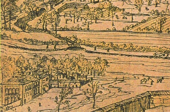 Eine detaillierte Zeichnung einer Stadt mit einem gewundenen Fluss, grünen Bäumen und hohen Gebäuden, die eine friedliche Atmosphäre schaffen.