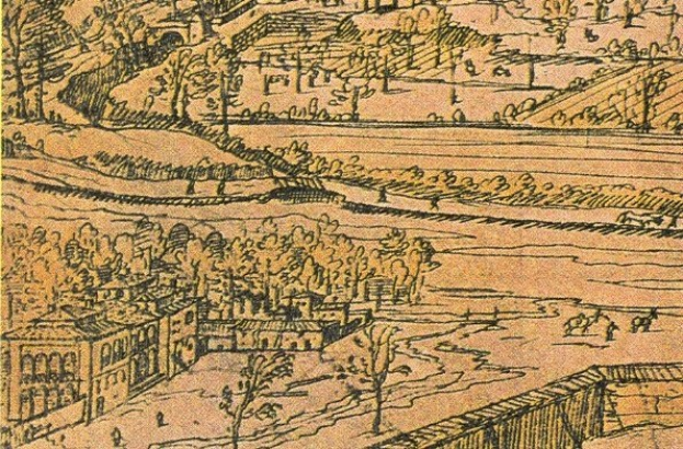 Eine detaillierte Zeichnung einer Stadt mit einem gewundenen Fluss, grünen Bäumen und hohen Gebäuden, die eine friedliche Atmosphäre schaffen.