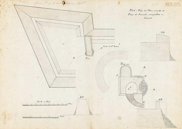 Ein detaillierter Architekturplan einer Ecke und eines Lochs in einer Seite aus einem 1845er Buch, das als Plan eines Opernhauses gilt, mit begleitendem Text und Skizzen.
