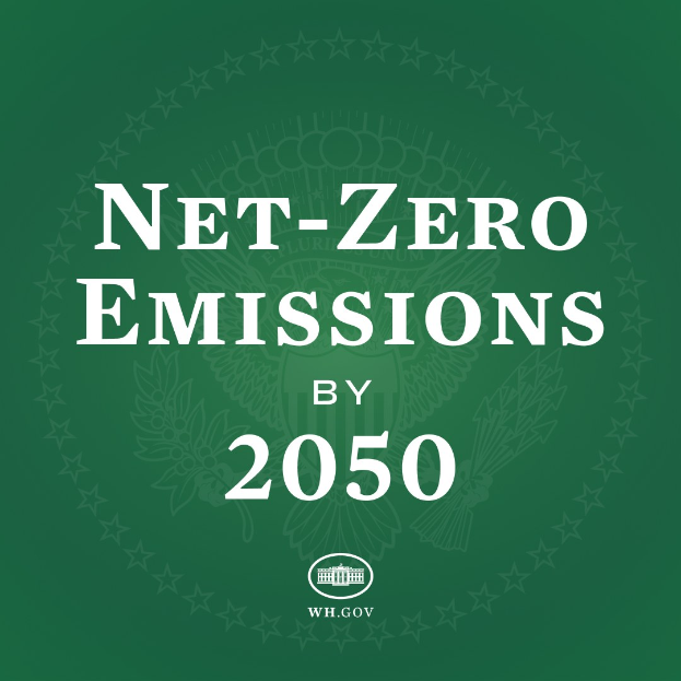 Grünes Hintergrundbild mit fettem weißem Text, der "netto-null-Emissionen bis 2050" anzeigt.