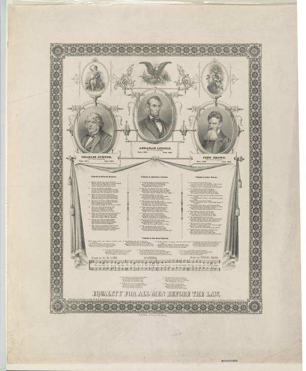 Ein Dokument mit einem Porträt von Abraham Lincoln und seiner Familie, auf dem der Text "Gleichheit für alle Männer vor dem Gesetz" steht, betont das Prinzip der rechtlichen Gleichheit in den Vereinigten Staaten.