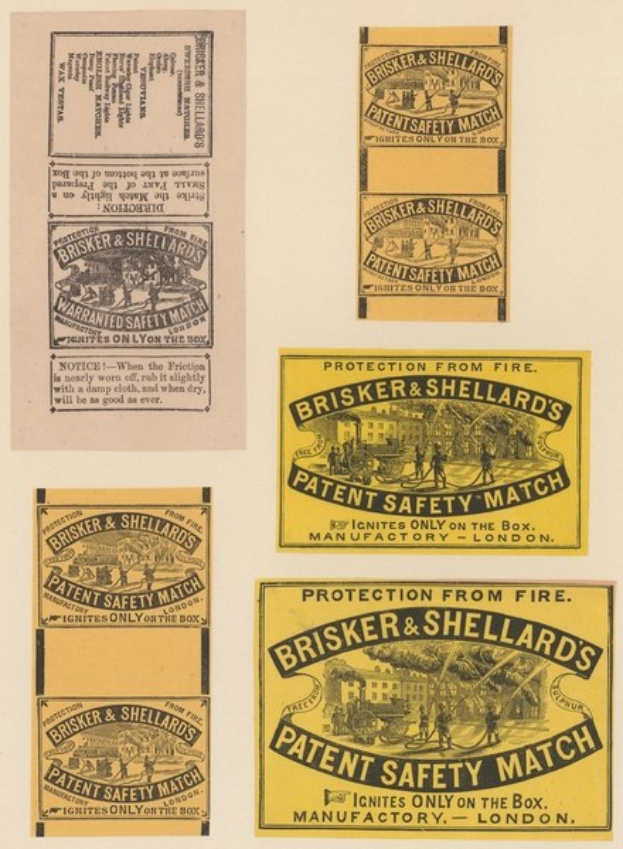 Papier mit mehreren kleineren Papieren daran befestigt, jeweils mit dem Text "Brisker & Shellard's Patent Safety Match".