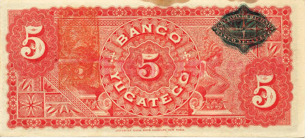 Eine rote und schwarze Fünf-Banco-Banknote der American Bank of New York mit einem Porträt eines Mannes und einem Nennwert von 5 Yucatec.