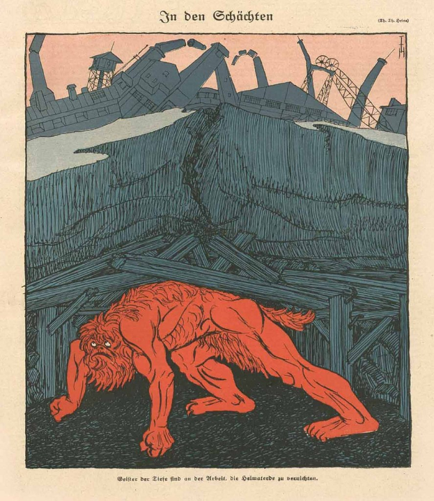 Illustration eines bedrohlichen Werwolfs in Kampfstellung vor einem qualmenden Fabrikschornstein unter einem tiefblauen Himmel, mit einem Plakat im Vordergrund, das das Bild des Werwolfs und eine fette Schrift enthält.