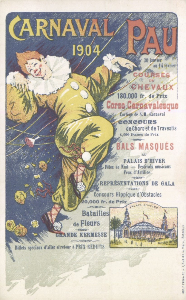 Ein altes Buch mit einem Cover, das einen Clown in einem bunten Kostüm zeigt, mit einem frechen Gesichtsausdruck und der Inschrift "Carnaval Pau 1904".