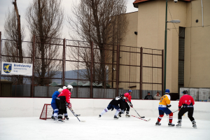 Menschen spielen Eis-hockey auf einer Eisbahn mit Geb√§uden, B√§umen, einer Stra√Ÿenlaterne, einer Namensplakette und Z√§unen im Hintergrund unter einem Himmel.