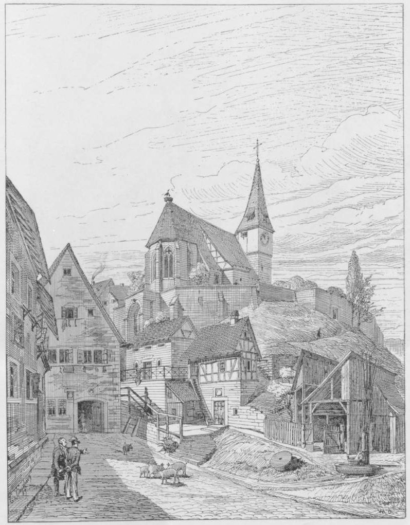 Schwarz-weiß-Zeichnung einer Straßenszene mit einer Kirche im Hintergrund, umgeben von Gebäuden, Menschen, Tieren, Bäumen und Himmel, mit der Beschriftung "Die Kirche der Heiligen Dreifaltigkeit im alten Stadtzentrum von Heidelberg, Deutschland" unten.