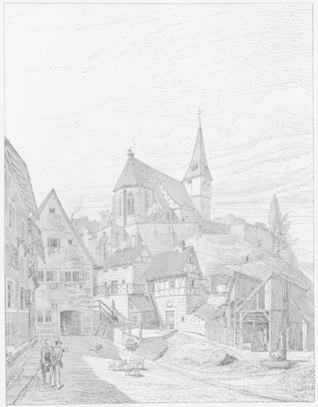 Schwarz-weiß-Zeichnung einer Straßenszene mit einer Kirche im Hintergrund, umgeben von Gebäuden, Menschen, Tieren, Bäumen und Himmel, mit der Beschriftung "Die Kirche der Heiligen Dreifaltigkeit im alten Stadtzentrum von Heidelberg, Deutschland" unten.