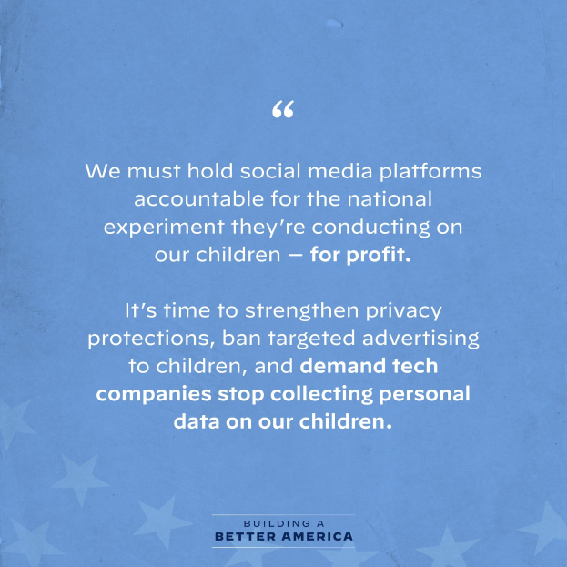 Plakat mit einem Zitat aus Building a Better America, das die Verantwortung der Social-Media-Plattformen für das Wohlbefinden von Kindern betont, dekoriert mit Sternen.
