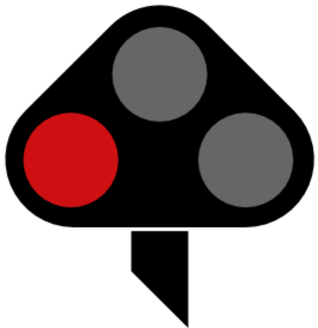 Eine Ampel mit drei Lichtern in einer dreieckigen Formation, mit einem roten Licht in der Mitte und zwei grauen Lichtern, die nach außen strahlen, vor einem weißen Hintergrund.