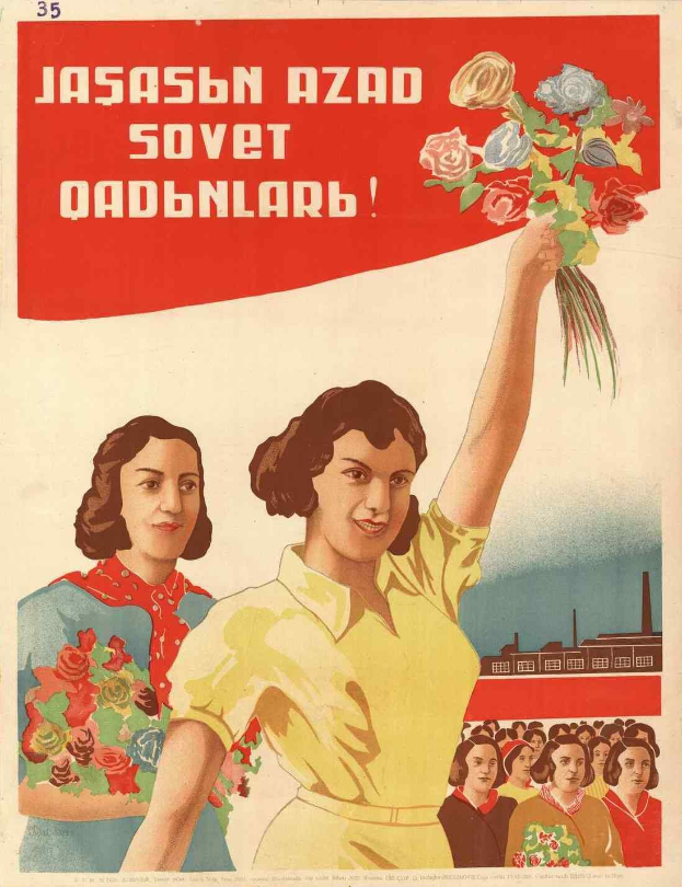 Sowjetisches Propagandaplakat zum Frauentag, das eine Frau mit Blumen in der Hand zeigt, umgeben von Menschen und einem Gebäude, mit der Aufschrift "Frauentag".