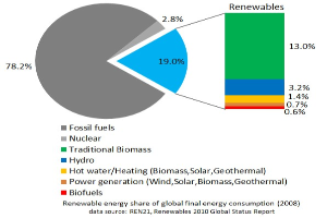 Tortendiagramm zur globalen Nutzung erneuerbarer Energien im Jahr 2008, aufgeteilt in Abschnitte für fossile Brennstoffe, Kernenergie, Wasserkraft, Warmwasser, Heizung, Biomasse, Solarenergie, Geothermie und Biokraftstoffe.