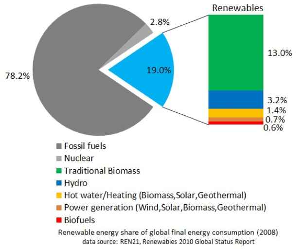 Tortendiagramm zur globalen Nutzung erneuerbarer Energien im Jahr 2008, aufgeteilt in Abschnitte für fossile Brennstoffe, Kernenergie, Wasserkraft, Warmwasser, Heizung, Biomasse, Solarenergie, Geothermie und Biokraftstoffe.