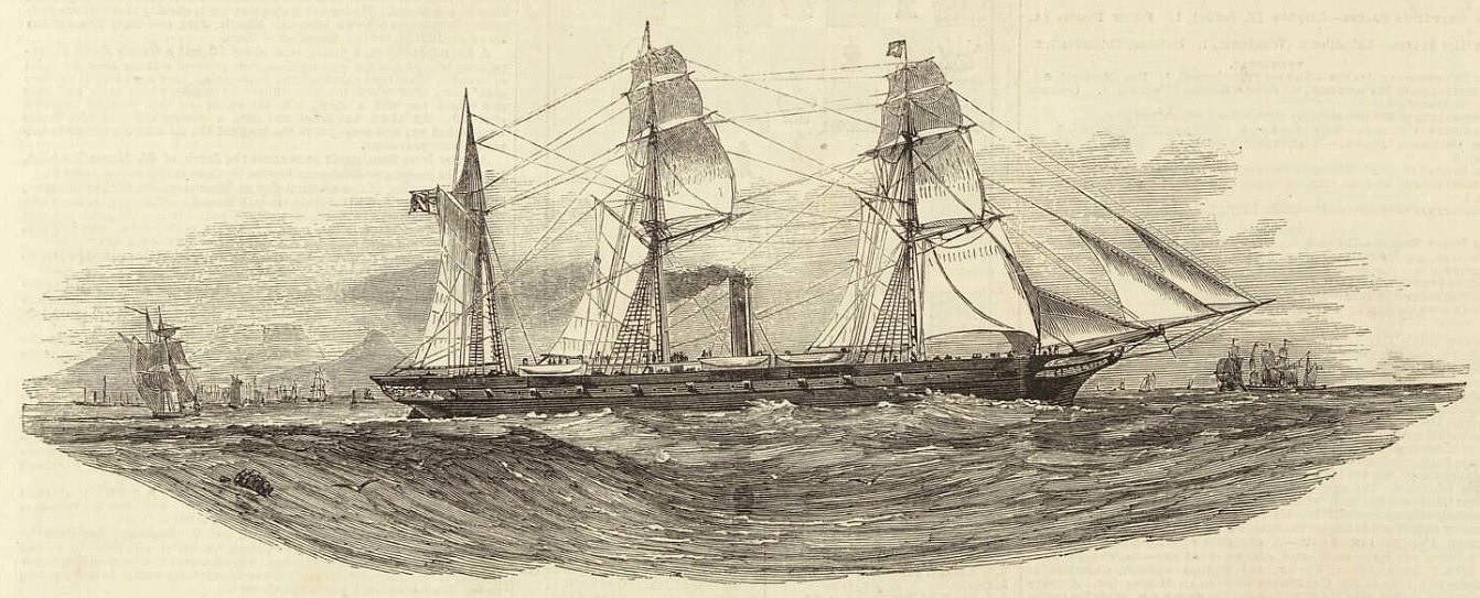 Gravur eines detaillierten Segelschiffs mit geblähten Segeln und sonnenbeschienen Rumpf, das auf dem Meer segelt, mit anderen Schiffen im Hintergrund und Text unten.