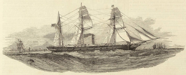 Gravur eines detaillierten Segelschiffs mit geblähten Segeln und sonnenbeschienen Rumpf, das auf dem Meer segelt, mit anderen Schiffen im Hintergrund und Text unten.