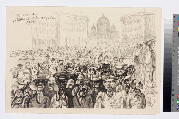 Schwarz-weiß-Illustration einer Menge, die vor einem hohen Gebäude protestiert, mit einigen Personen, die schreien und gestikulieren, und Farbskalen auf der rechten Seite.