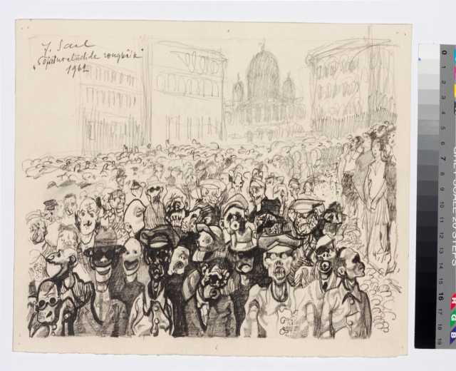 Schwarz-weiß-Illustration einer Menge, die vor einem hohen Gebäude protestiert, mit einigen Personen, die schreien und gestikulieren, und Farbskalen auf der rechten Seite.