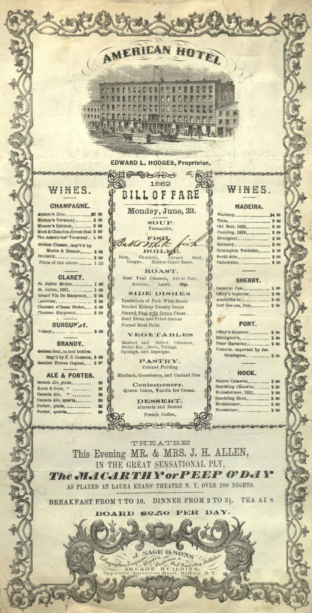 Ein altes Buch mit dem Titel 'American Hotel Bill of Fare aus 1862' mit einem Gebäudebild auf dem Cover, das die Angebote des Restaurants beschreibt.