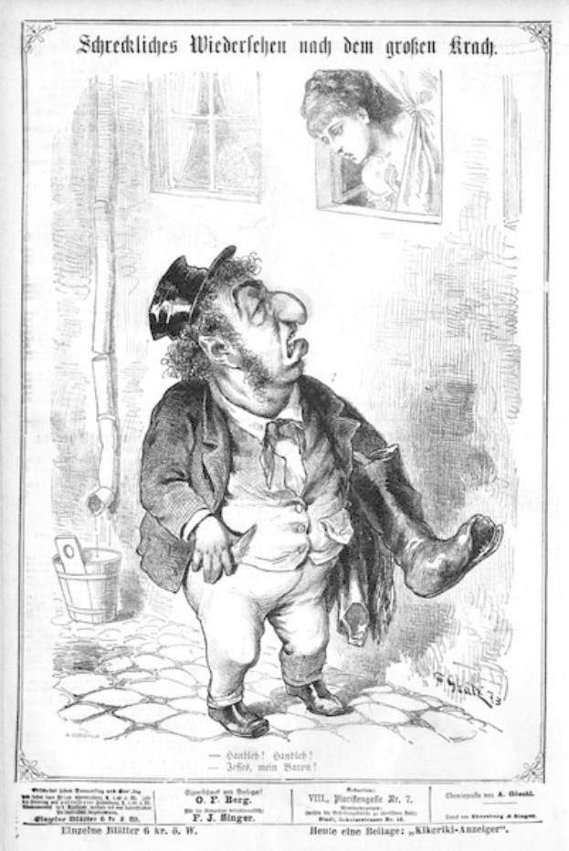 Cartoon-Illustration eines Mannes mit Zylinder und einer Frau in einem Kleid mit einer Wand, einem Fenster, einem Eimer und anderen Gegenständen im Hintergrund, mit der Aufschrift "F. J. Singer, der erste deutsche Politiker, der in den Kongress gewählt wurde" unten.