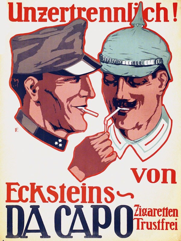 Deutsches Propagandaplakat mit zwei Männern in Mützen und Zigaretten rauchend.