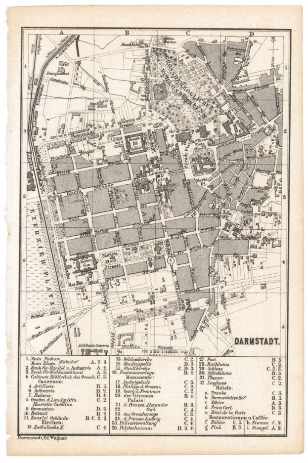 Alte detaillierte Karte von Darmstadt, Deutschland, zeigt Straßen, Gebäude, Sehenswürdigkeiten und Texte mit Entfernungen und Namen.