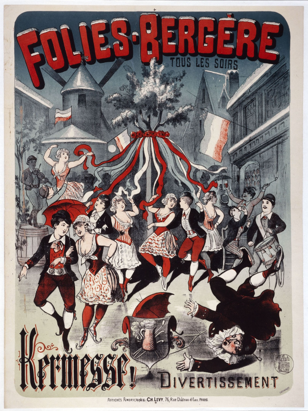 Plakat für das Folies-Bergère-Festival in Paris mit einer Gruppe tanzender Menschen im Vordergrund und Gebäuden, Flaggen und einem Baum im Hintergrund sowie französischem Text oben und unten.