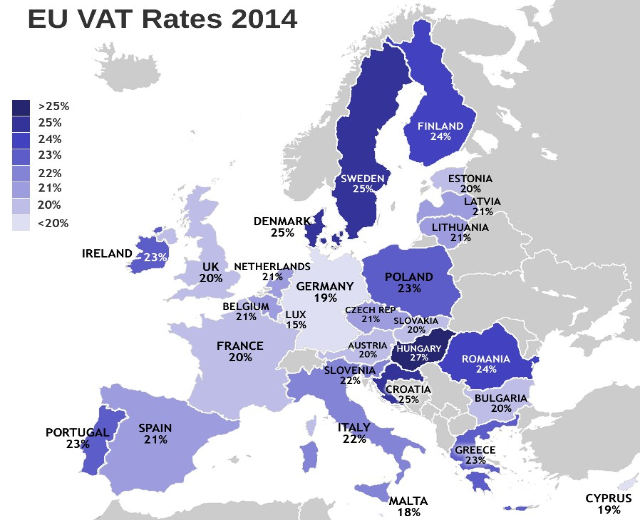 Eine Karte von Europa, die die EU-Mehrwertsteuersätze für 2014 mit Prozentangaben und Text anzeigt.