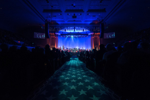 Großer Saal mit sitzendem Publikum, Bühne mit Musikern und Deckenbeleuchtung und Bildschirme, was auf einen Konzertsaal der Nationalen Convention 2019 hindeutet.