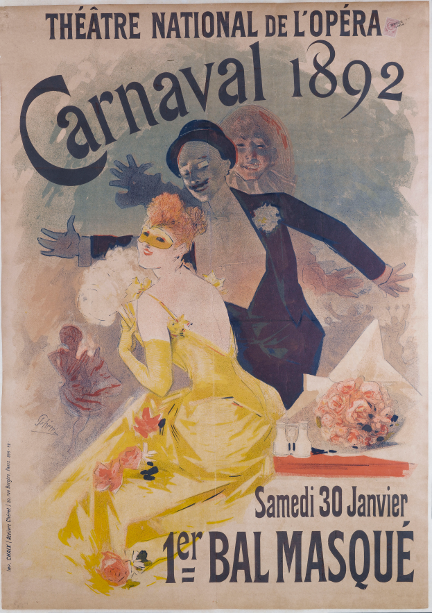 Ein Vintage-Plakat für das Théâtre National de l'Opéra Karneval 1892, das eine Frau in einem gelben Kleid und einen Mann in einem schwarzen Anzug zeigt, mit Text, der das Ereignis beschreibt.