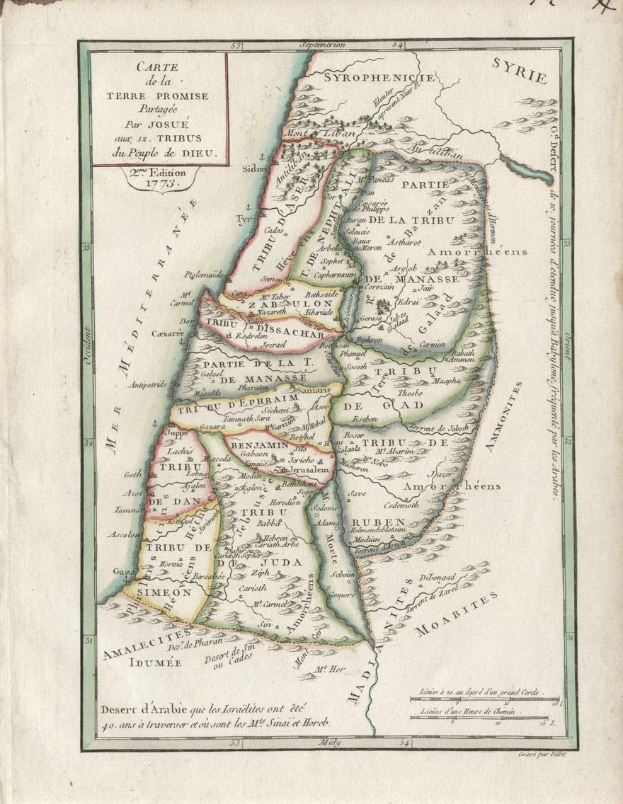 Altes Buch mit detaillierter Karte des Nahen Ostens und Israels, einschließlich beschrifteter Städte, Orte und geografischer Merkmale.