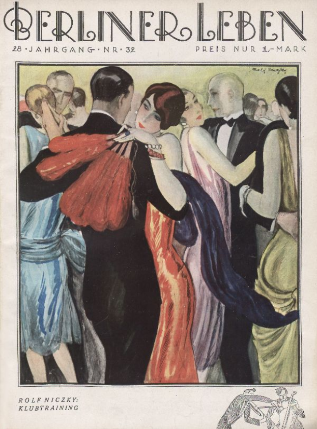 Ein Magazin-Cover mit einem Gemälde von einem Mann und einer Frau, die tanzen, wobei der Mann einen Anzug und die Frau ein Kleid trägt, betitelt mit 'Berliner Leben' mit einem Logo unten.