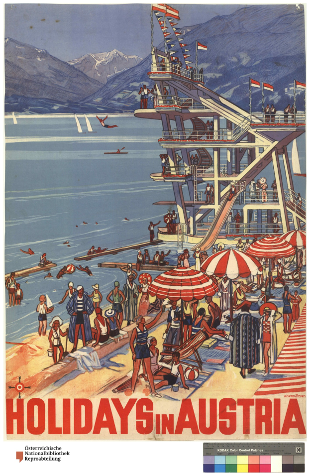 Plakat, das Urlaube in Österreich bewirbt, zeigt Menschen am Strand mit Schirmen, einem Schiff im Hintergrund, Fahnen und fernen Bergen.