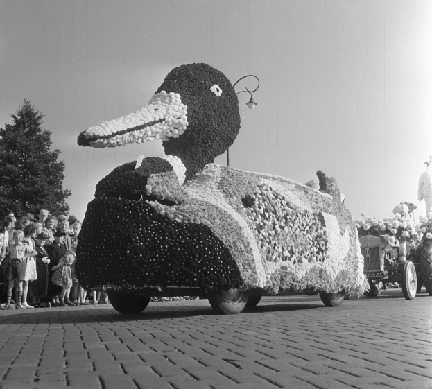 Ein Schwarz-Weiß-Foto eines Entenwagens bei einem Umzug, geschmückt mit Blumen, mit Menschen auf der linken Seite, Bäumen und einem klaren Himmel im Hintergrund.