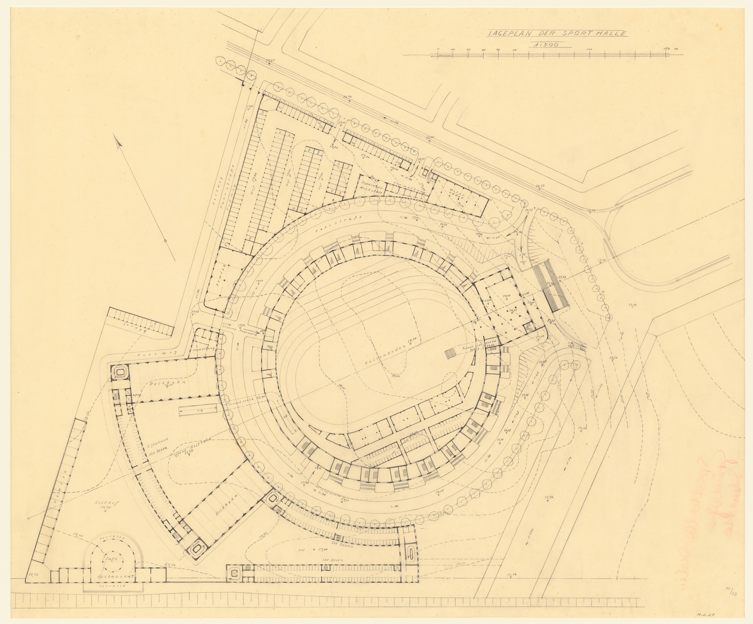 Schwarz-weißer Architekturplan einer Stadionanlage mit umliegenden Gebäuden und handschriftlichen Textanmerkungen.